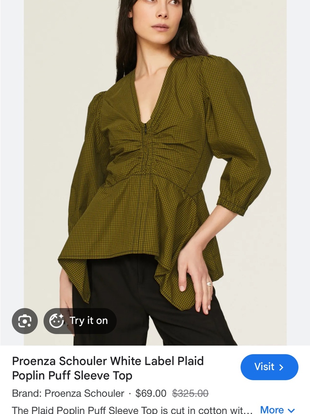 Proenza Schouler Olive-Green Plaid Peplum Poplin Top